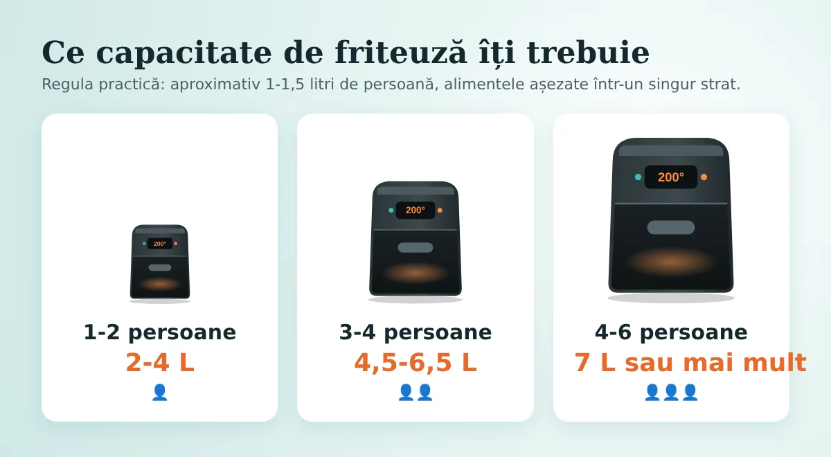 Infografic: capacitatea friteuzei cu aer cald în funcție de numărul de persoane, 2-4 L, 4,5-6,5 L și peste 7 L